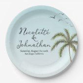 パームツリーと鳥のシンプルビーチウェディング ペーパープレート (正面)