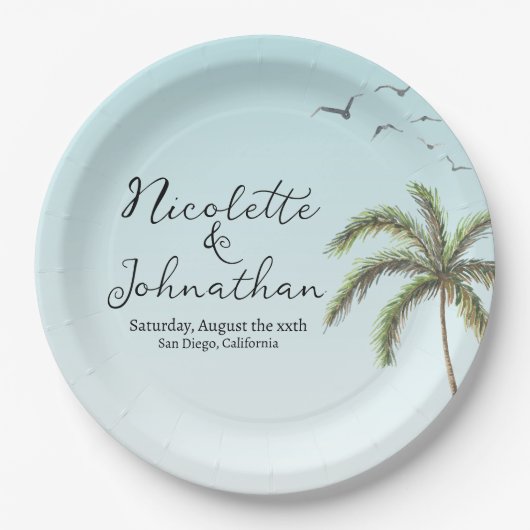 パームツリーと鳥のシンプルビーチウェディング ペーパープレート (正面)