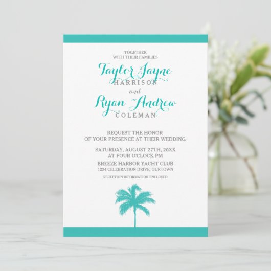 パームツリーアクアグレイ結婚式招待状 招待状 (スタンド正面)