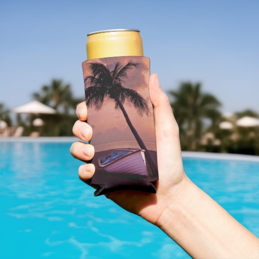 パームツリーアンドボートビーチサンセット スリム缶クーラー (インサイチュ プール)