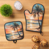 パームツリーオントロピカルビーチアットサンセット 鍋つかみ&鍋敷きセット (トップダウン)