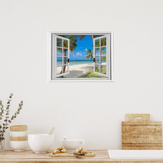 パームツリーオンビーチ海ビューフェイクウィンドウ ポスター (キッチン)
