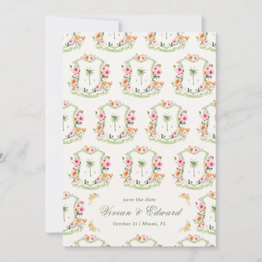 パームツリークレストモノグラムサマーボホビーチ結婚式 セーブザデート (正面)
