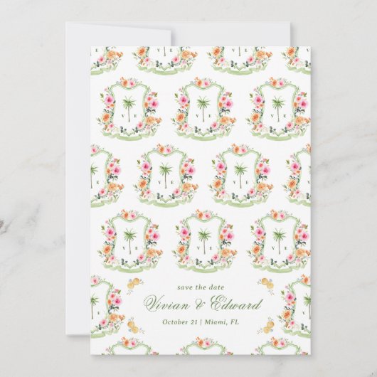 パームツリークレストモノグラムサマーボホビーチ結婚式 セーブザデート (正面)