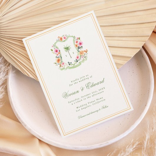 パームツリークレストモノグラムトロピカルビーチ結婚式 招待状