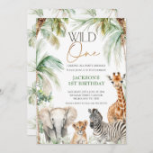 パームツリーサファリアニマルズワイルドワン誕生日 招待状 (正面/裏面)