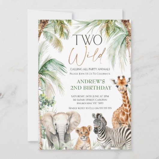 パームツリーサファリ動物2野生の2番目の誕生日 招待状 (正面)