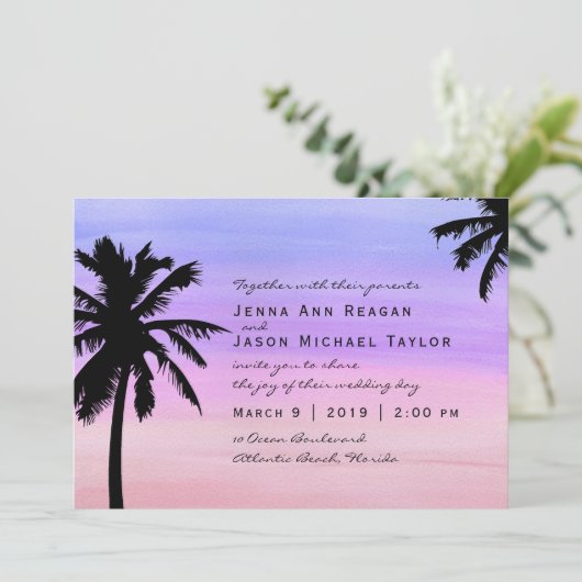 パームツリーサンセットウォーターカラー結婚式招待状 招待状 (スタンド正面)