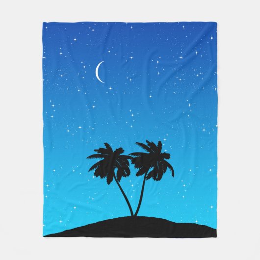 パームツリーシルエットと夕べブルー フリースブランケット (正面)