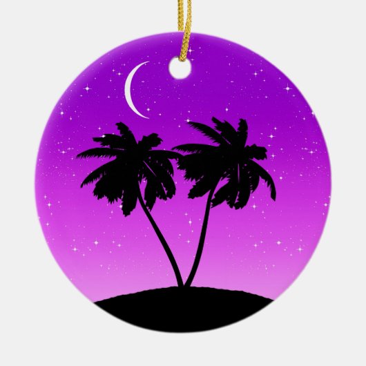 パームツリーシルエット、トワイライトパープル(星あり) C セラミックオーナメント (正面)