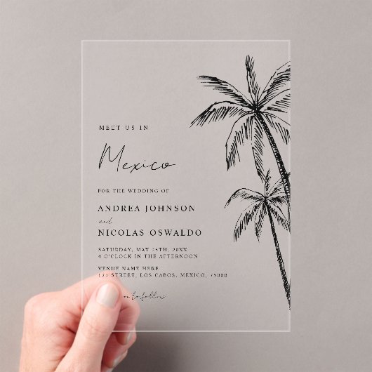 パームツリースケッチ旅行ビーチ宛先ウェディング アクリル招待状 (インサイチュ (ポータブル))