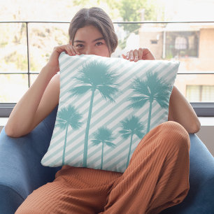 パームツリーストライプティール（緑がかった色）ビーチハウスデコレーション クッション