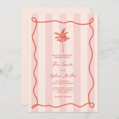 パームツリースワールピンクストライプ熱帯結婚式 招待状 (正面/裏面)