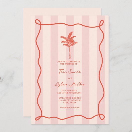 パームツリースワールピンクストライプ熱帯結婚式 招待状 (正面/裏面)