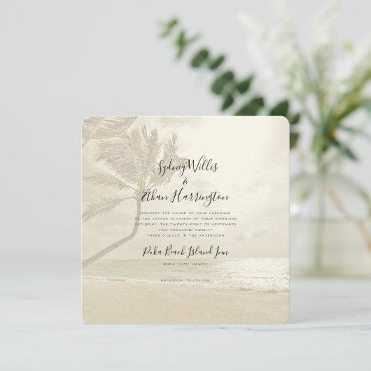 パームツリーズアイランドビーチセピア結婚式招待状 招待状 (スタンド正面)