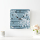 パームツリーズアンドサンドドルブルーウッド素朴ビーチ スクエア壁時計 (ホーム)