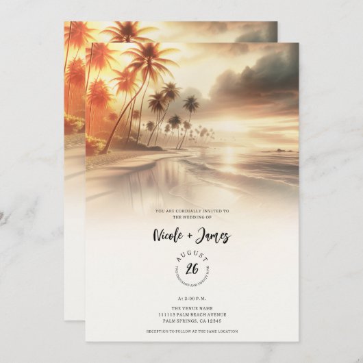 パームツリーズオレンジサンセットビーチ結婚式 招待状 (正面/裏面)