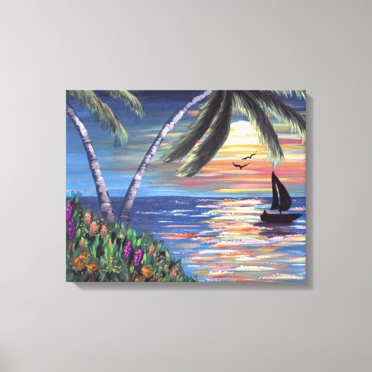 パームツリーズサンセット絵画海 キャンバスプリント (正面)