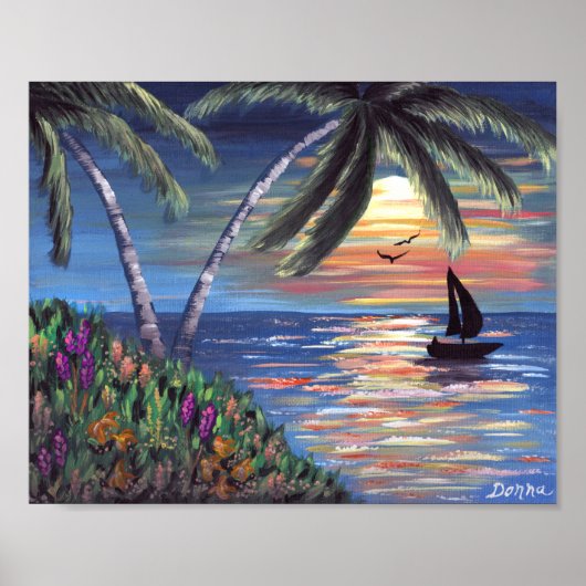 パームツリーズサンセット絵画海 ポスター (正面)
