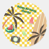 パームツリーズサーフ市松模様にボードサマーパーティー ラウンドシール (正面)