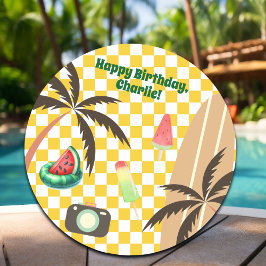 パームツリーズサーフ市松模様にボードサマーパーティー ラウンドシール