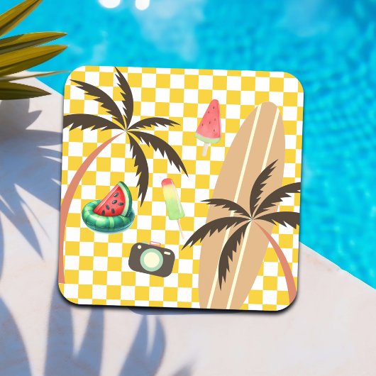 パームツリーズサーフ市松模様にボードサマー コースター
