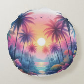 パームツリーズトロピカルビーチピンクサンセット ラウンドクッション (裏面)