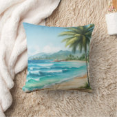 パームツリーズトロピカルビーチ海波水彩 クッション (ブランケット)