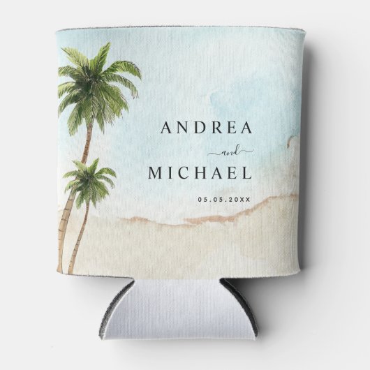パームツリーズトロピカルビーチ目的地の結婚式 缶クーラー (正面)