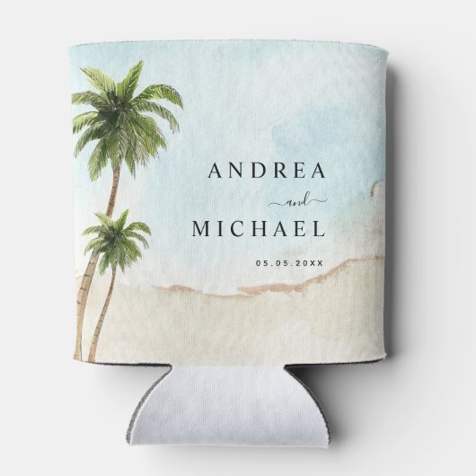 パームツリーズトロピカルビーチ目的地の結婚式 缶クーラー (裏面)