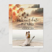パームツリーズ&オレンジサンセットビーチ日付を保存 招待状 (正面/裏面)