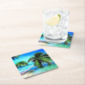 パームツリートロピカルアイランドビーチ スクエアペーパーコースター (インサイチュ)
