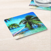 パームツリートロピカルアイランドビーチ スクエアペーパーコースター (アングル)
