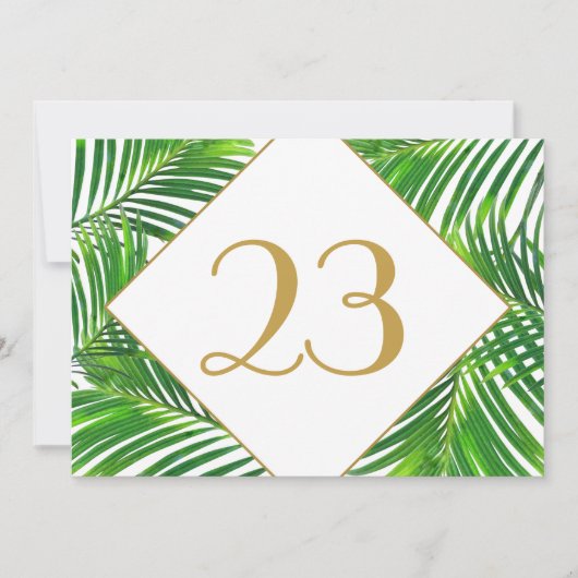 パームツリートロピカルグリーンビーチテーブル番号 招待状 (正面)