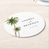 パームツリートロピカルビーチコーストデスティネーションウェディング ラウンドペーパーコースター (アングル)