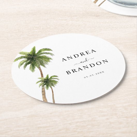 パームツリートロピカルビーチコーストデスティネーションウェディング ラウンドペーパーコースター (アングル)