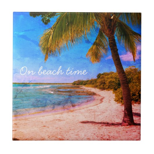 パームツリーハワイヴィンテージ写真オンビーチ時間タイプ タイル (正面)