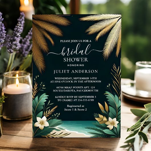 パームツリービーチグリーンアンド金ゴールドブライダルシャワー 招待状