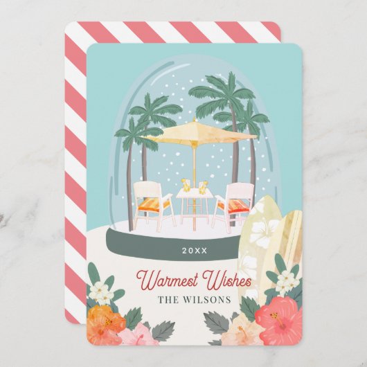 パームツリービーチチェアススノーグローブクリスマス シーズンカード (正面/裏面)