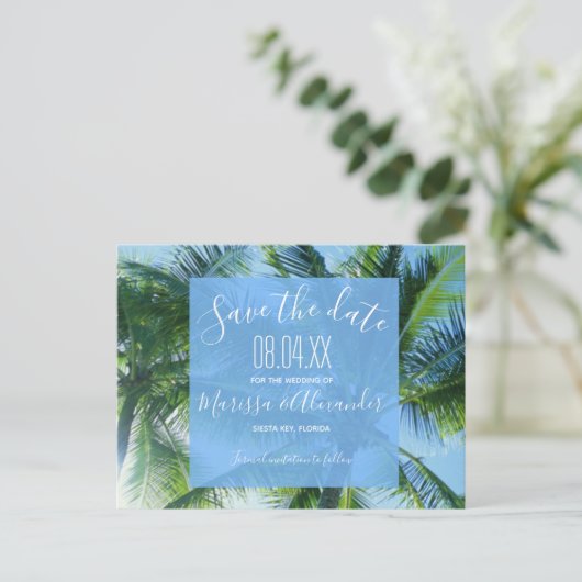 パームツリービーチ予算ウェディング日付を保存 案内ポストカード (スタンド正面)