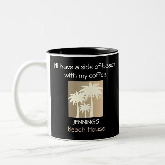 パームツリーブラックベージュホワイトビーチハウスネーム引用文 ツートーンマグカップ (左)