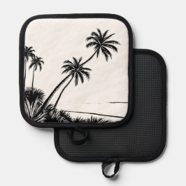 パームツリーブラック&ホワイトビーチコースト 鍋敷き