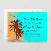 パームツリーブルー海結婚式の日付を保存ビーチ2 案内ポストカード (正面/裏面)