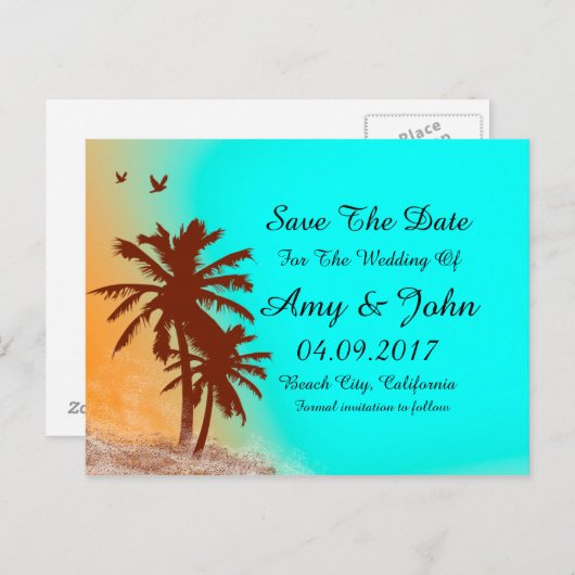 パームツリーブルー海結婚式の日付を保存ビーチ2 案内ポストカード (正面/裏面)