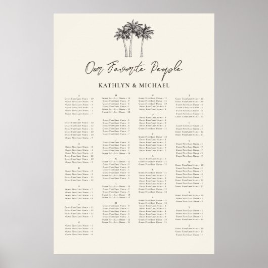 パームツリーミニマル結婚リストのアルファベット席 ポスター (正面)