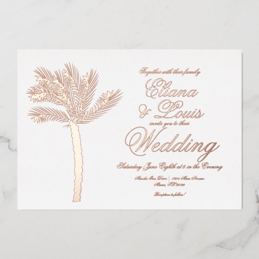 パームツリー金ゴールドサマー結婚ズプレス 箔招待状 (正面)