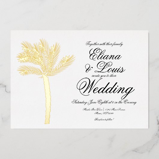 パームツリー金ゴールドブラックサマー結婚ズプレス 箔招待状 (正面)
