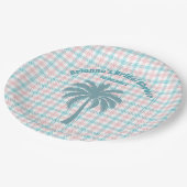 パームツリー アズール ピンク チェックのウェディングシャワー ペーパープレート (アングル)