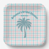 パームツリー アズール ピンク チェックのウェディングシャワー ペーパープレート (正面)