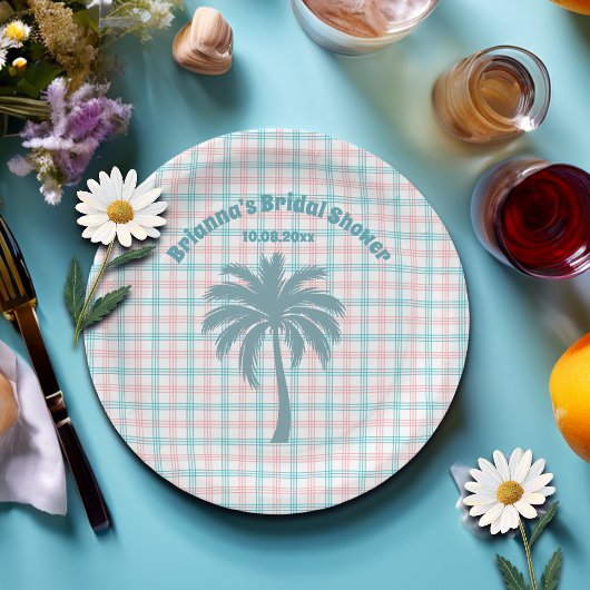 パームツリー アズール ピンク チェックのウェディングシャワー ペーパープレート